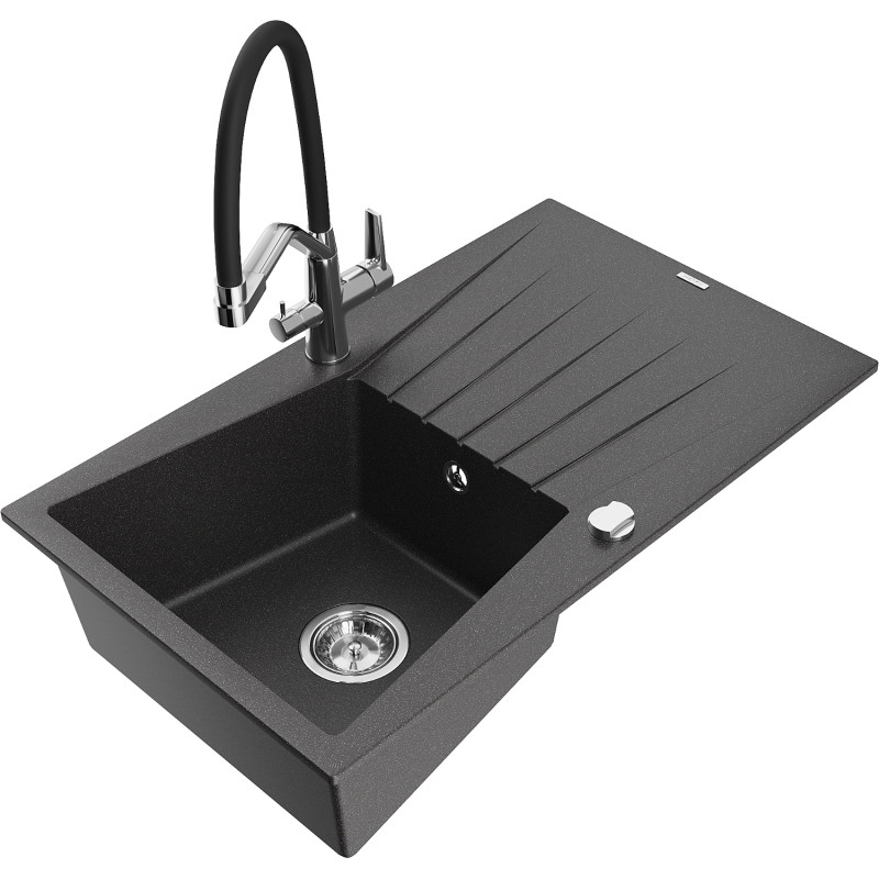 Mexen Cesar granite kitchen sink 1-bowl with drainer and Duo kitchen faucet, speckled black - 6514-76-671701-07