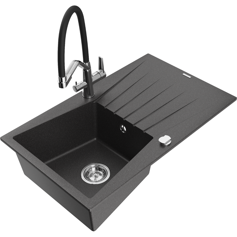 Mexen Cesar granite sink 1-bowl with drainer and Duo kitchen tap, speckled black - 6514-76-671701-07