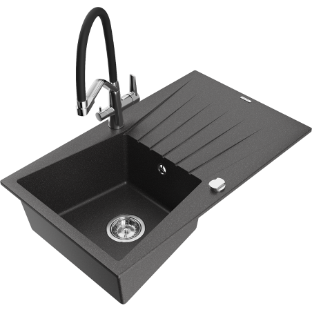 Mexen Cesar granite kitchen sink 1-bowl with drainer and Duo kitchen faucet, speckled black - 6514-76-671701-07