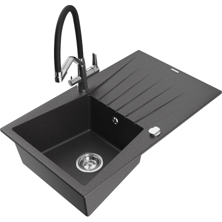 Mexen Cesar granite sink 1-bowl with drainer and Duo kitchen tap, speckled black - 6514-76-671701-07