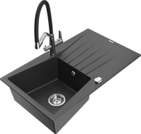Mexen Cesar granite sink 1-bowl with drainer and Duo kitchen tap, speckled black - 6514-76-671701-07