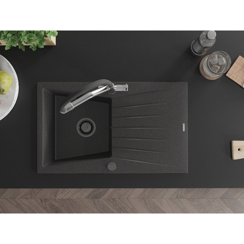 Mexen Cesar granite sink 1-bowl with drainer and Duo kitchen tap, black speckled - 6514-76-671701-07-B