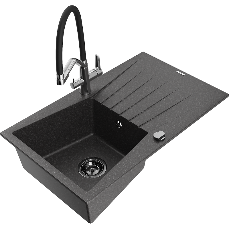Mexen Cesar 1-compartment granite sink with a drip tray and kitchen mixer tap Duo, Spotted black - 6514-76-671701-07-B
