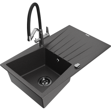 Mexen Cesar granite kitchen sink 1-bowl with drainer and Duo kitchen faucet, black speckled - 6514-76-671701-07-B