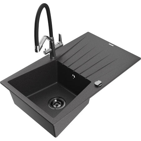 Mexen Cesar granite sink 1-bowl with drainer and Duo kitchen faucet, speckled black - 6514-76-671701-07-B