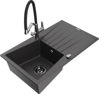 Mexen Cesar granite kitchen sink 1-bowl with drainer and Duo kitchen faucet, black speckled - 6514-76-671701-07-B