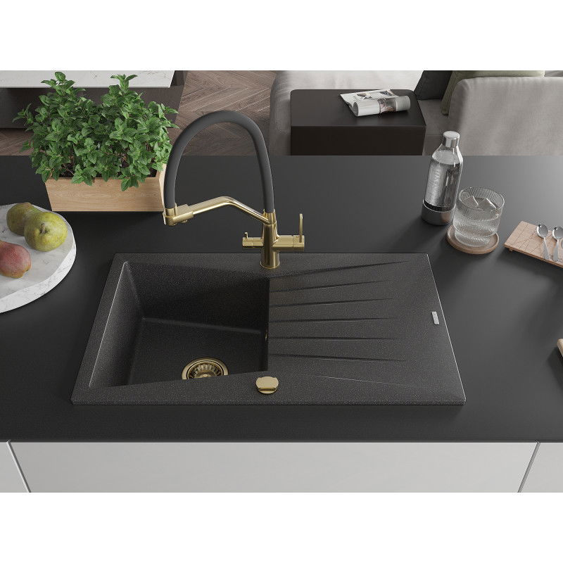 Mexen Cesar 1-bowl granite sink with drainer and Duo kitchen tap, speckled black - 6514-76-671701-57-G
