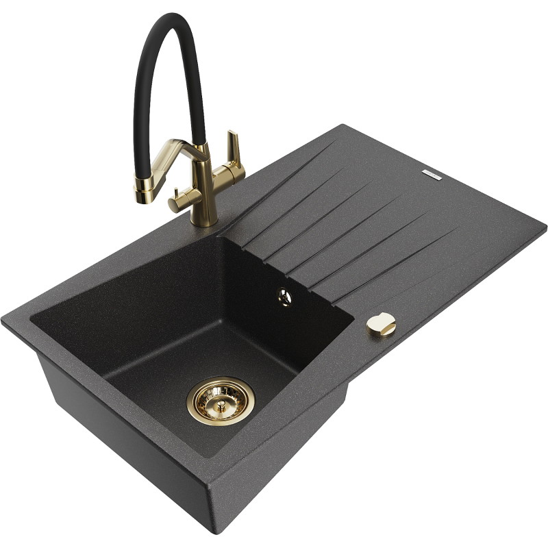 Mexen Cesar 1-bowl granite sink with drainer and Duo kitchen faucet, black with speckles - 6514-76-671701-57-G