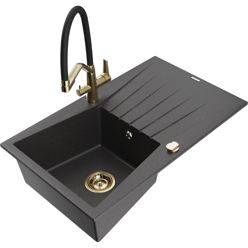 Mexen Cesar 1-bowl granite sink with drainer and Duo kitchen tap, speckled black - 6514-76-671701-57-G