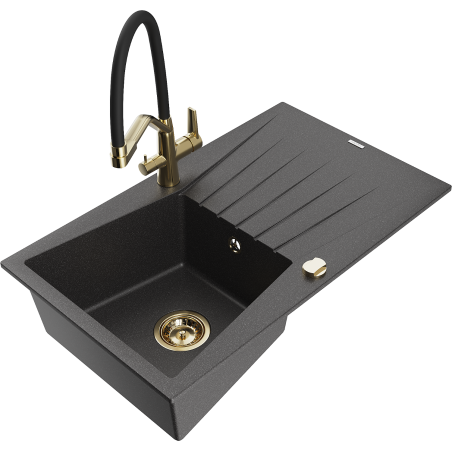 Mexen Cesar 1-bowl granite sink with drainer and Duo kitchen faucet, black speckled - 6514-76-671701-57-G