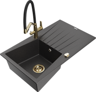 Mexen Cesar 1-bowl granite sink with drainer and Duo kitchen faucet, black speckled - 6514-76-671701-57-G