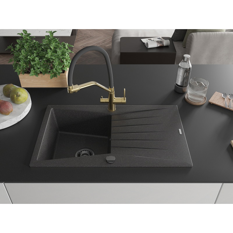 Mexen Cesar Granite Sink 1-Bowl with Drainer and Kitchen Faucet Duo, Speckled Black - 6514-76-671701-57-B