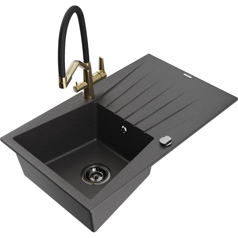 Mexen Cesar Granite Sink 1-Bowl with Drainer and Kitchen Faucet Duo, Speckled Black - 6514-76-671701-57-B