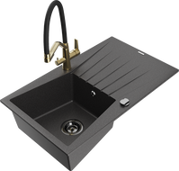 Mexen Cesar 1-bowl granite sink with drainer and Duo kitchen tap, black speckled - 6514-76-671701-57-B