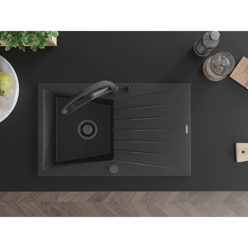Mexen Cesar 1-bowl granite sink with drainer and Duo kitchen faucet, black speckled - 6514-76-671701-70-B