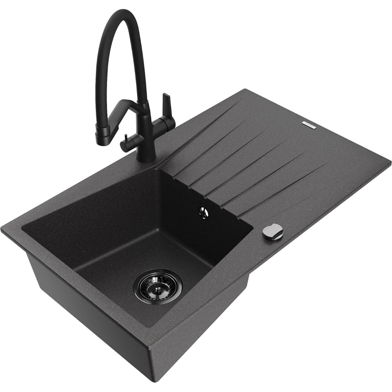 Mexen Cesar 1-bowl granite sink with drainer and Duo kitchen faucet, black speckled - 6514-76-671701-70-B