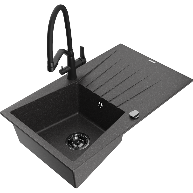 Mexen Cesar 1-compartment granite sink with a drip tray and kitchen mixer tap Duo, Spotted black - 6514-76-671701-70-B