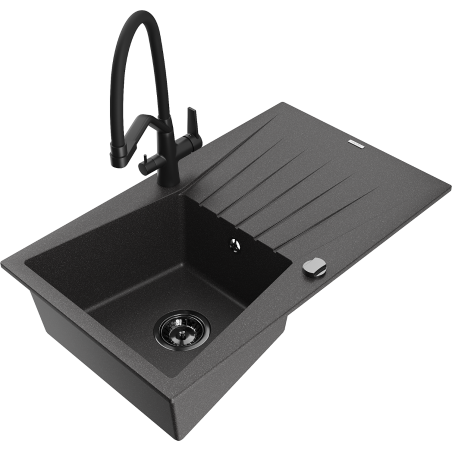 Mexen Cesar 1-bowl granite sink with drainer and Duo kitchen faucet, black speckled - 6514-76-671701-70-B
