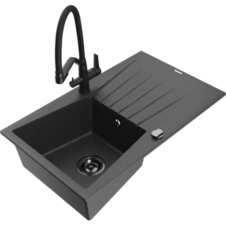 Mexen Cesar granite sink 1-bowl with drainer and Duo kitchen tap, black speckled - 6514-76-671701-70-B