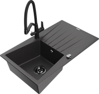 Mexen Cesar granite sink 1-bowl with drainer and Duo kitchen tap, black speckled - 6514-76-671701-70-B