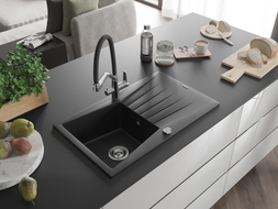 Mexen Cesar granite kitchen sink 1-bowl with drainer and Duo kitchen faucet, black - 6514-77-671701-07