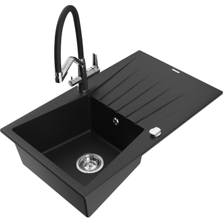 Mexen Cesar 1-bowl granite sink with drainer and Duo kitchen faucet, black - 6514-77-671701-07