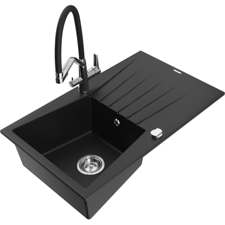 Mexen Cesar granite kitchen sink 1-bowl with drainer and Duo kitchen faucet, black - 6514-77-671701-07