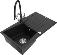 Mexen Cesar granite kitchen sink 1-bowl with drainer and Duo kitchen faucet, black - 6514-77-671701-07