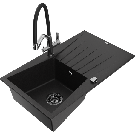 Mexen Cesar 1-bowl granite kitchen sink with drainer and Duo kitchen faucet, black - 6514-77-671701-07-B