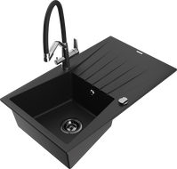 Mexen Cesar 1-compartment granite sink with a drip tray and kitchen mixer tap Duo, Black - 6514-77-671701-07-B