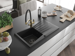 Mexen Cesar granite sink 1-bowl with drainer and Duo kitchen faucet, black - 6514-77-671701-57-B