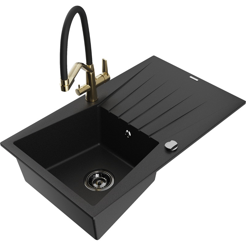 Mexen Cesar granite sink 1-bowl with drainer and Duo kitchen faucet, black - 6514-77-671701-57-B