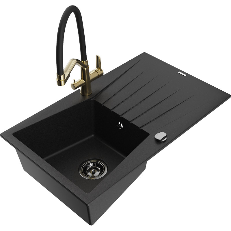 Mexen Cesar granite sink 1-bowl with drainer and Duo kitchen tap, black - 6514-77-671701-57-B