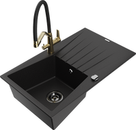 Mexen Cesar granite sink 1-bowl with drainer and Duo kitchen faucet, black - 6514-77-671701-57-B