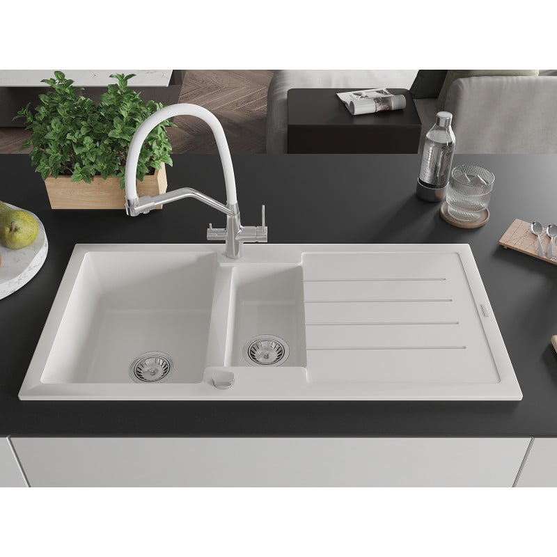 Mexen Andres 1.5-bowl granite kitchen sink with drainer and Duo kitchen tap, white - 6515-20-671701-02