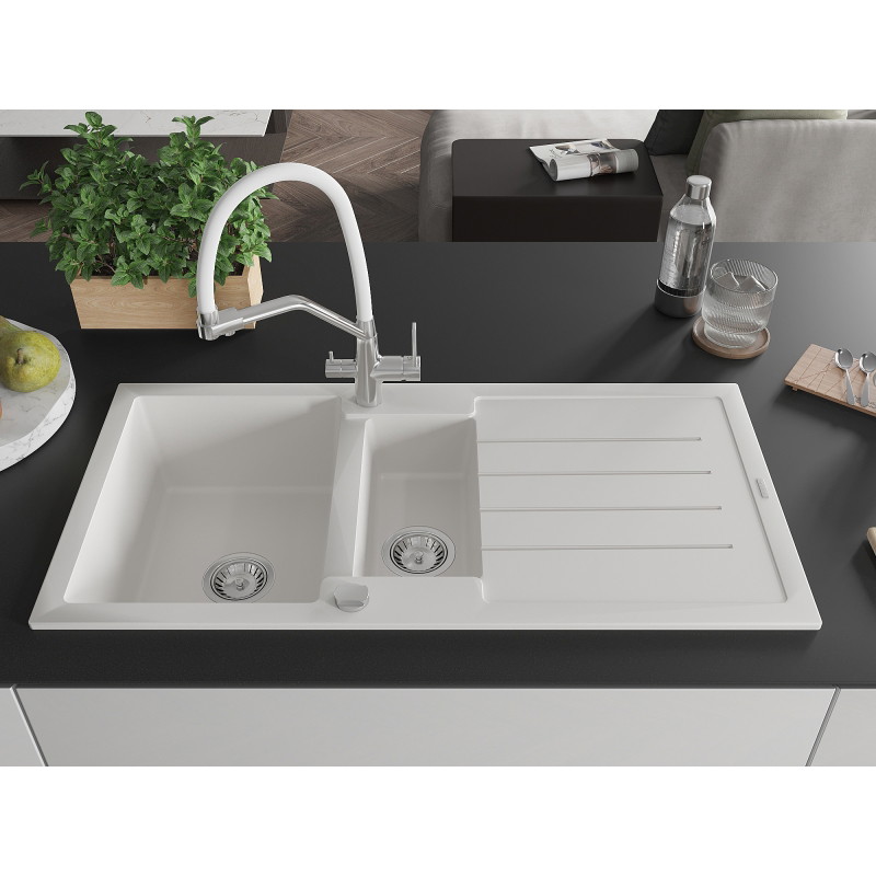 Mexen Andres granite sink 1.5-bowl with drainer and Duo kitchen faucet, white - 6515-20-671701-02