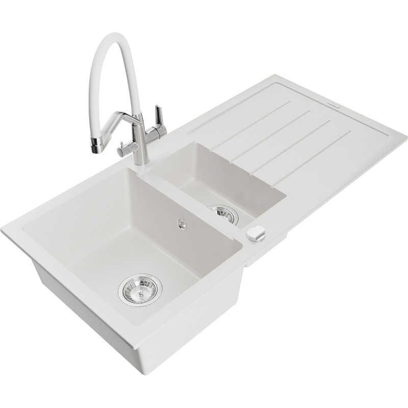 Mexen Andres granite sink 1.5-bowl with drainer and Duo kitchen faucet, white - 6515-20-671701-02