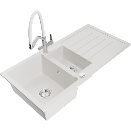 Mexen Andres granite sink 1.5-bowl with drainer and Duo kitchen faucet, white - 6515-20-671701-02