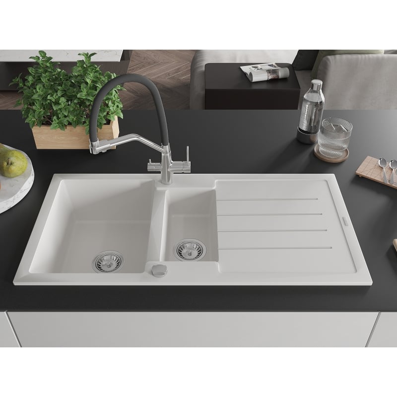 Mexen Andres granite sink 1.5-bowl with drainer and Duo kitchen faucet, white - 6515-20-671701-07