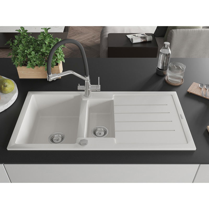Mexen Andres granite sink 1.5-bowl with drainer and Duo kitchen tap, white - 6515-20-671701-07