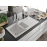 Mexen Andres granite sink 1.5-bowl with drainer and Duo kitchen faucet, white - 6515-20-671701-07