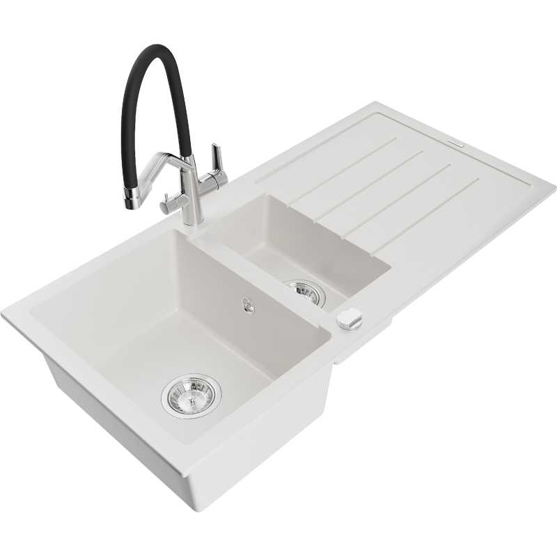 Mexen Andres 1.5-compartment granite sink with a drip tray and kitchen mixer tap Duo, white - 6515-20-671701-07