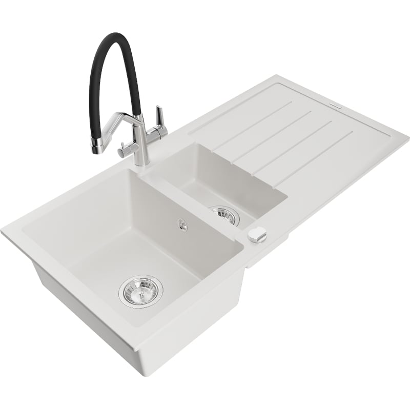 Mexen Andres granite sink 1.5-bowl with drainer and Duo kitchen faucet, white - 6515-20-671701-07