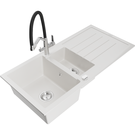 Mexen Andres granite sink 1.5-bowl with drainer and Duo kitchen faucet, white - 6515-20-671701-07