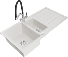 Mexen Andres granite sink 1.5-bowl with drainer and Duo kitchen faucet, white - 6515-20-671701-07