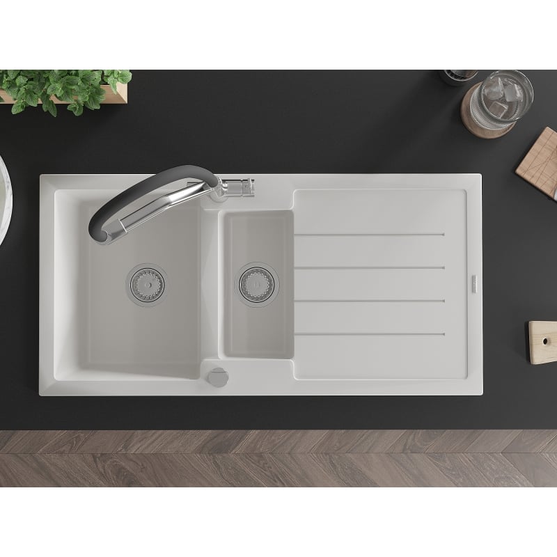 Mexen Andres granite sink 1.5-bowl with drainer and Duo kitchen faucet, white - 6515-20-671701-07