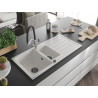 Mexen Andres granite sink 1.5-bowl with drainer and Duo kitchen faucet, white - 6515-20-671701-07-B