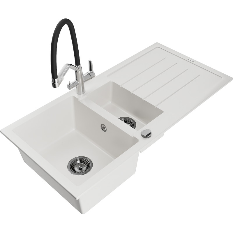 Mexen Andres granite kitchen sink 1.5-bowl with drainer and Duo kitchen faucet, white - 6515-20-671701-07-B