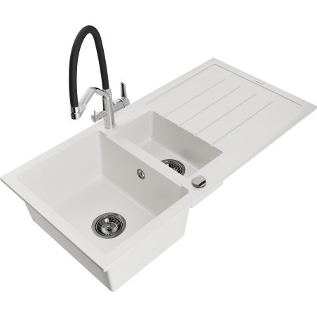 Mexen Andres granite sink 1.5-bowl with drainer and Duo kitchen faucet, white - 6515-20-671701-07-B