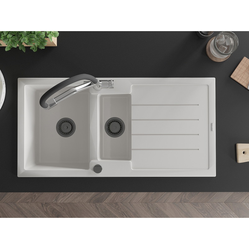 Mexen Andres granite sink 1.5-bowl with drainer and Duo kitchen faucet, white - 6515-20-671701-07-B